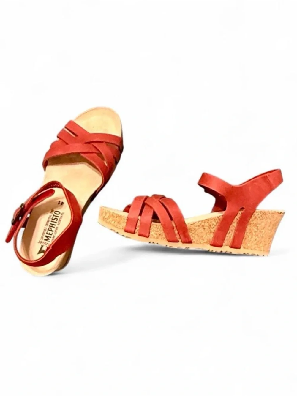 NWOT MEPHISTO AIR-RELAX Red Leather Wedge Sandals